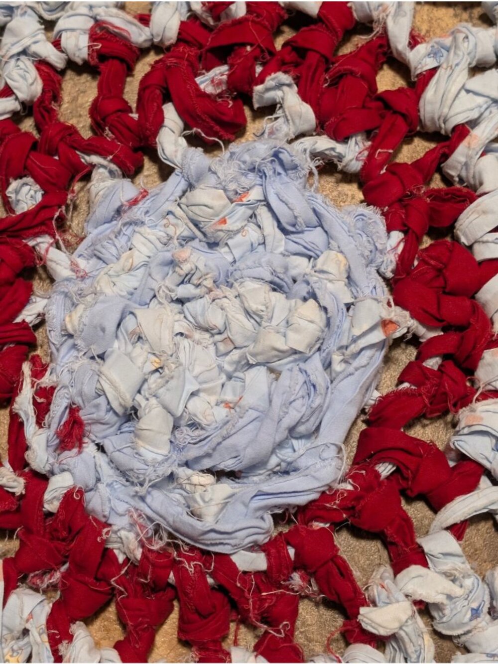Handmade Round Crocheted Rug In Red White & Blue With Upcycled Fabric Strips - R - Picture 3 of 5